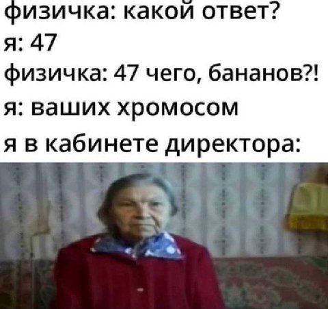 физичка: какой ответ? я: 47 физичка: 47 чего, бананов?! я: ваших хромосом я в кабинете директора: