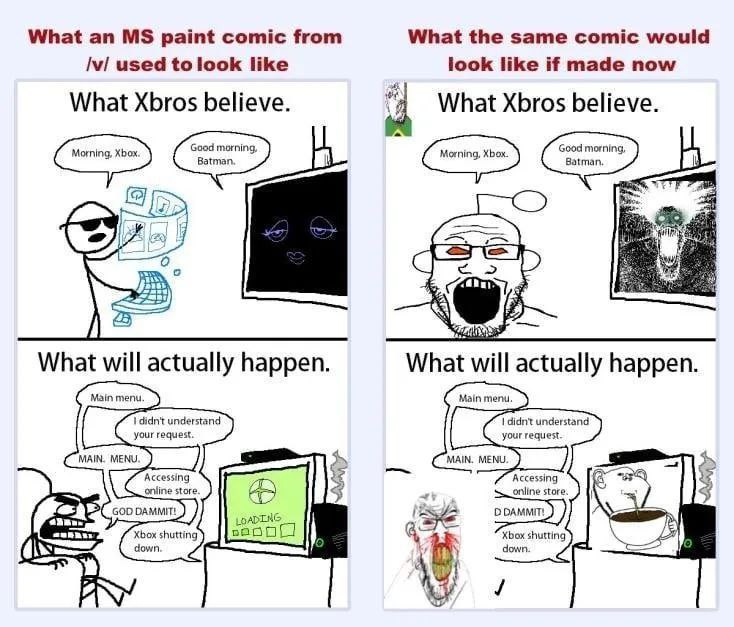 What an paint comic from What the same comic would used to look like look like if made now What Xbros believe. What Xbros believe. What will actually happen. What will actually happen. Main menu. Main