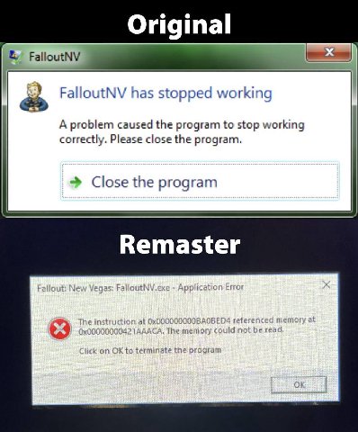 Original FalloutN FalloutNV has stopped working A problem caused the program to stop working correctly. Please close the program. Close the program Remaster FalloutNV,exe Application Error AOBEDS тет 