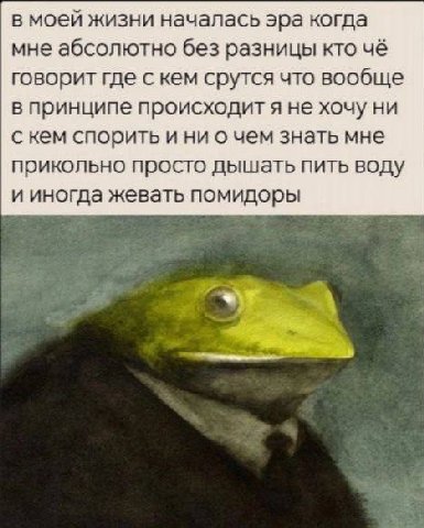 в моей жизни началась эра когда мне абсолютно без разницы кто чё говорит где срутся что вообще в принципе происходит я не хочу ни с кем спорить и ни о чем знать мне прикольно просто дышать пить воду и