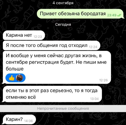 4 сентября Привет обезьяна бородатая Сегодня Карина нет Я после того общения год отходил И вообще у меня сейчас другая жизнь, в сентябре регистрация будет. Не пиши мне больше если ты в этот раз серьез