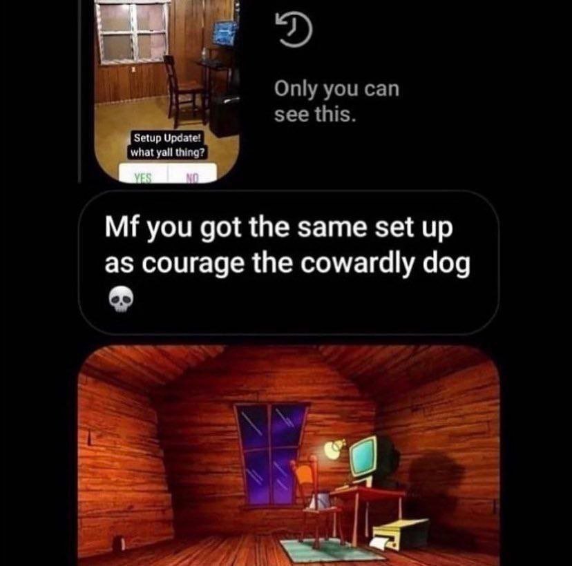 Only you can see this. Setup Update! what yall thing? you got the same set up as courage the cowardly dog