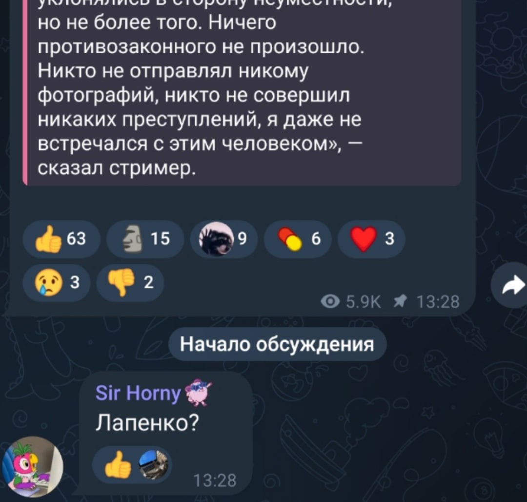 но не более того. Ничего противозаконного не произошло Никто не отправлял никому фотографий, никто не совершил никаких преступлений, я даже не встречался с этим человеком», сказал стример. 15 9 3 63 6