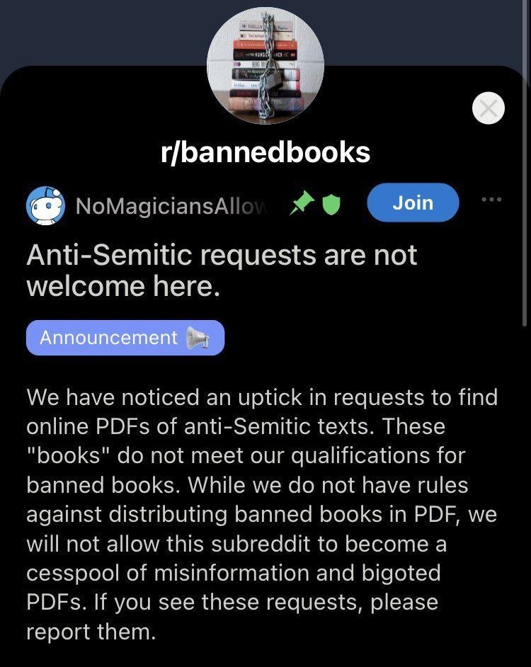 Anti-Semitic requests are not welcome here. We have noticed an uptick in requests to find online PDFs of anti-Semitic texts. These "books" not meet our qualifications for banned books. While we not ha