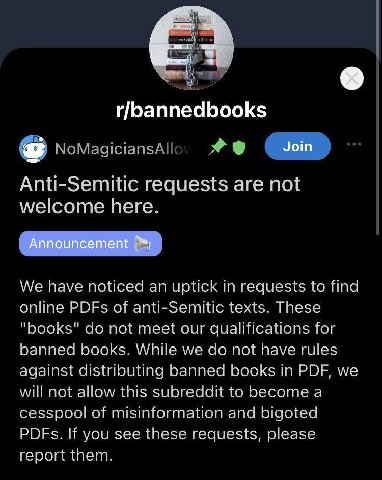 Anti-Semitic requests are not welcome here. We have noticed an uptick in requests to find online PDFs of anti-Semitic texts. These "books" not meet our qualifications for banned books. While we not ha