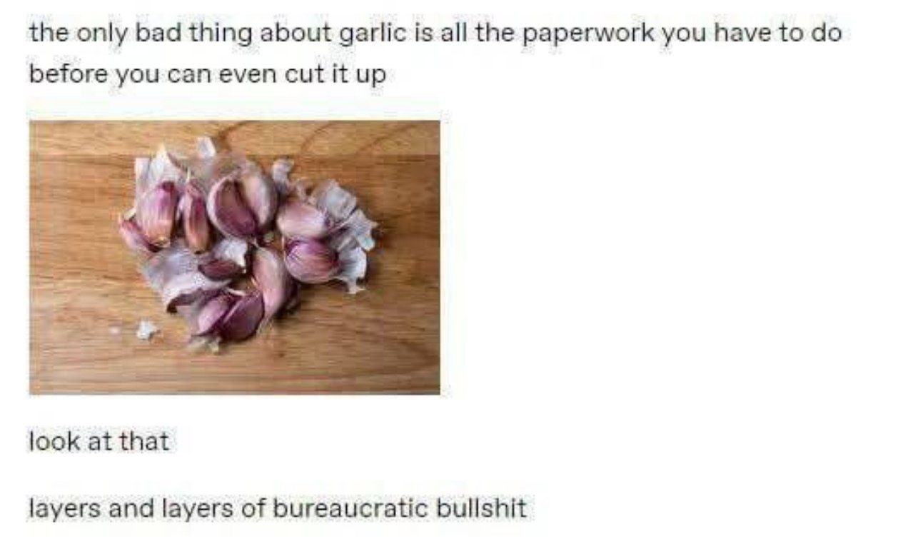 the only bad thing about garlic is all the paperwork you have to before you can even cut it up look at that layers and layers of bureaucratic bullshit