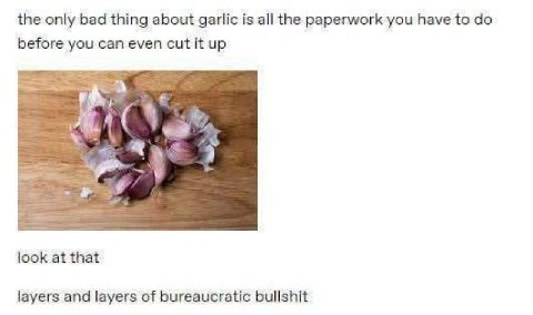 the only bad thing about garlic is all the paperwork you have to before you can even cut it up look at that layers and layers of bureaucratic bullshit
