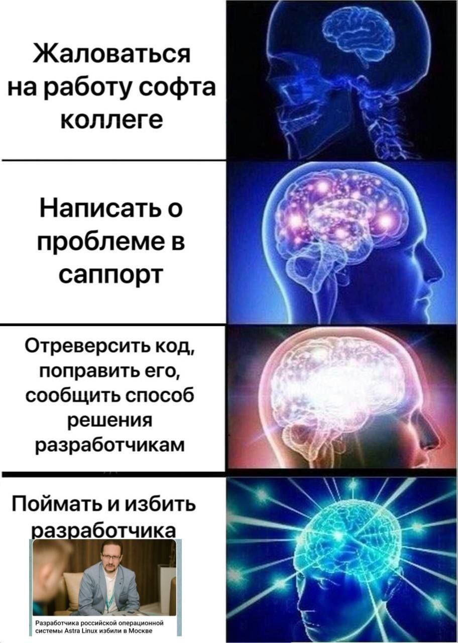 Жаловаться на работу софта коллеге Написать о (5 npo6neme саппорт Отреверсить код, поправить ero, сообщить способ решения разработчикам Поймать и избить разработчика у системы Astra Linux избили в Мос