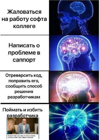 Жаловаться на работу софта коллеге Написать о (5 npo6neme саппорт Отреверсить код, поправить ero, сообщить способ решения разработчикам Поймать и избить разработчика у системы Astra Linux избили в Мос