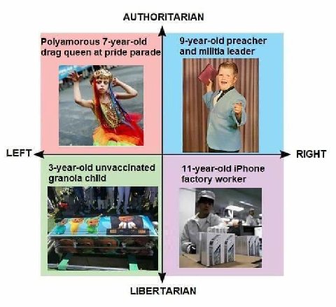 AUTHORITARIAN Polyamorous 7-year-old 9-year-old preacher drag queen at pride parade and militia leader LEFT RIGHT 3-year-old unvaccinated 11-year-old iPhone factory worker granola child LIBERTARIAN