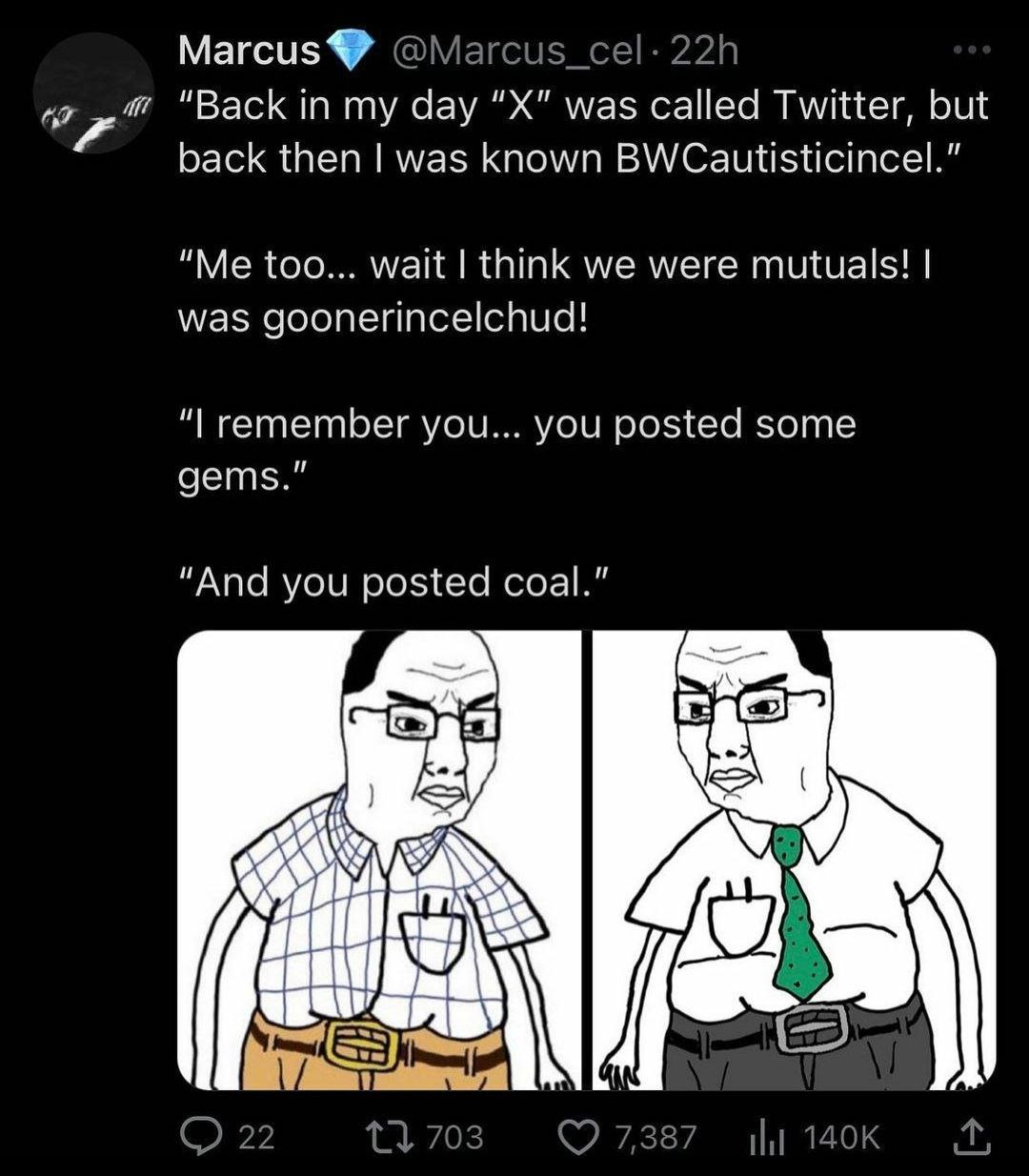 Магси$“ “Back in my day was called Twitter, out back then was known BWCautisticincel.” “Me too... wait think we were mutuals! was goonerincelcnud! remember you... you posted some gems." “And you poste