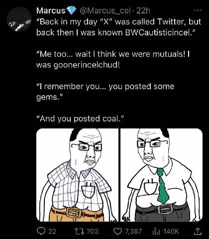 Магси$“ “Back in my day was called Twitter, out back then was known BWCautisticincel.” “Me too... wait think we were mutuals! was goonerincelcnud! remember you... you posted some gems." “And you poste