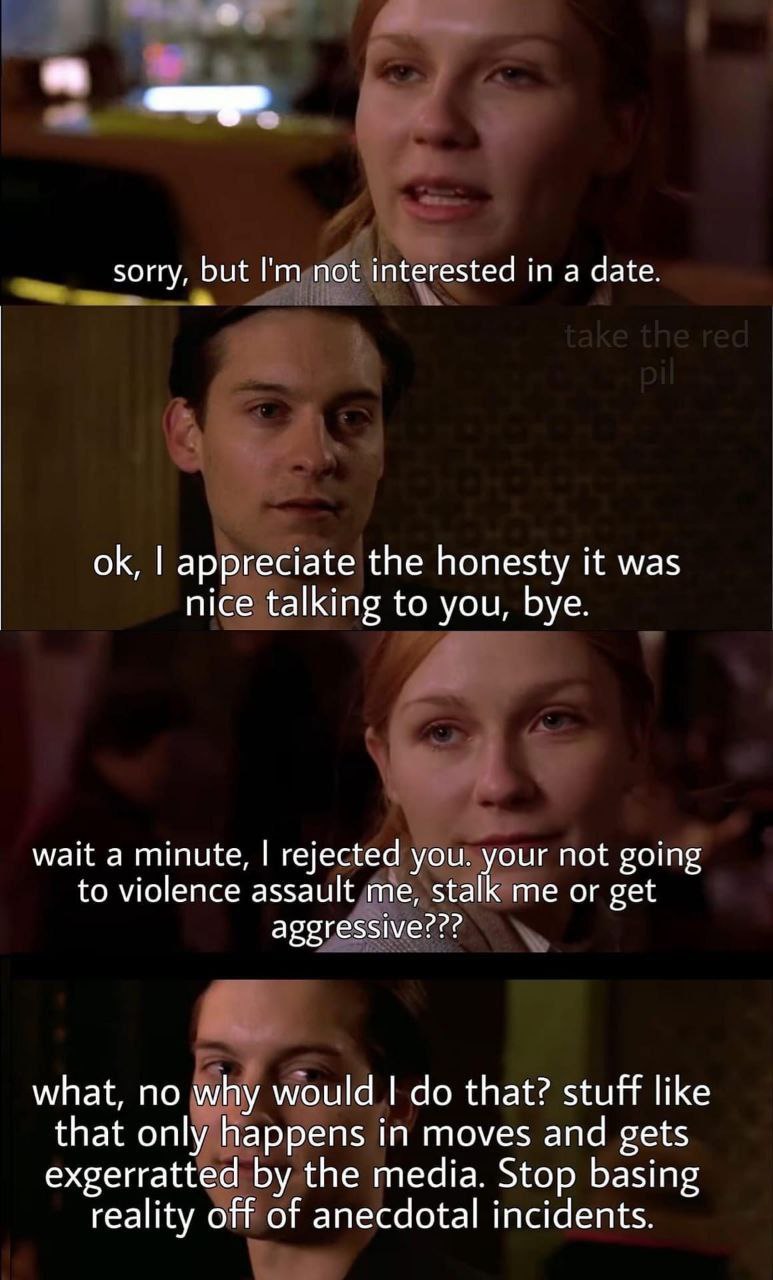 sorry, but not interested in a date. appreciate the honesty it was nice talking to you, bye. wait a minute, rejected you. your not going to violence assault me, stalk me or get what, no why would that