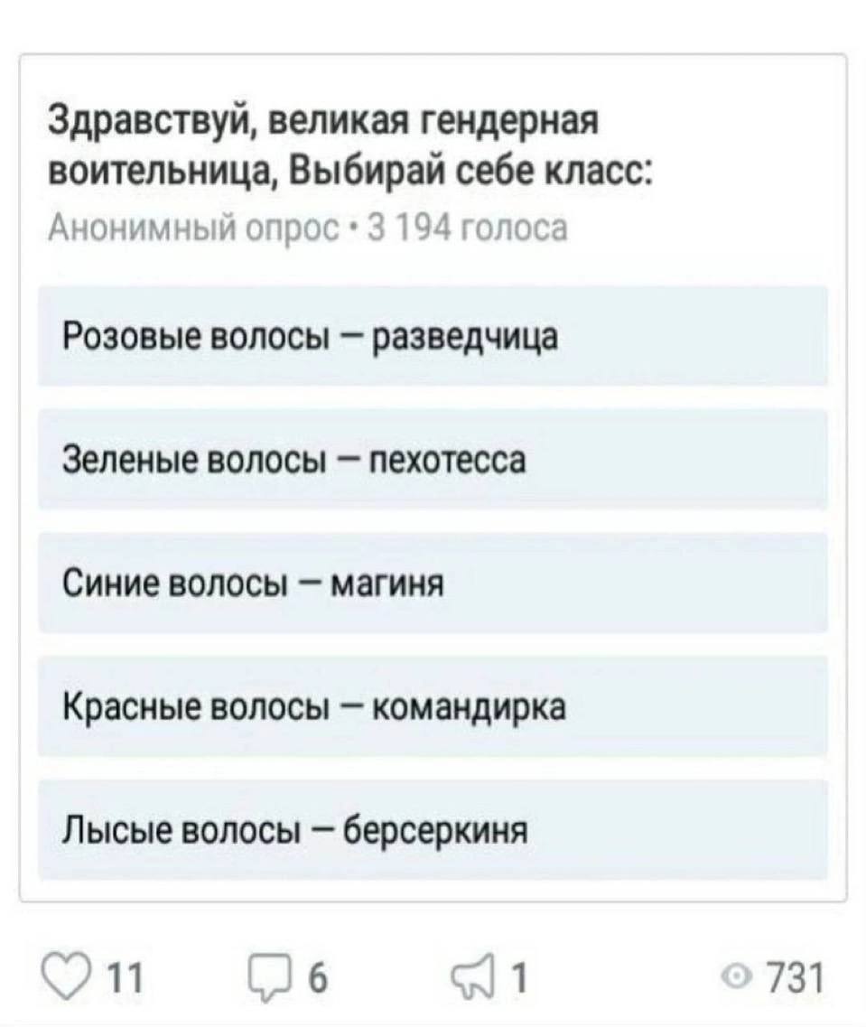 Здравствуй, великая гендерная воительница, Выбирай себе класс: Анонимный опрос 3 194 голоса Розовые волосы разведчица Зеленые волосы пехотесса Синие волосы магиня Красные волосы командирка Лысые волос