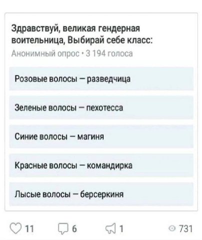 Здравствуй, великая гендерная воительница, Выбирай себе класс: Анонимный опрос 3 194 голоса Розовые волосы разведчица Зеленые волосы пехотесса Синие волосы магиня Красные волосы командирка Лысые волос