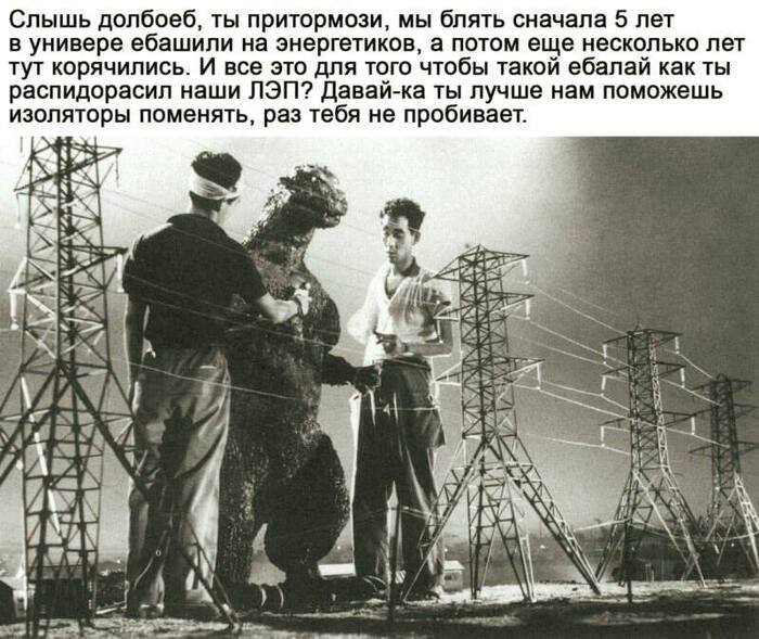 Слышь долбоеб, ты притормози, мы блять сначала 5 лет в универе ебашили на энергетиков, а потом еще несколько лет тут корячились. И все это для того чтобы такой ебалай как ты распидорасил наши ЛЭП? Дав