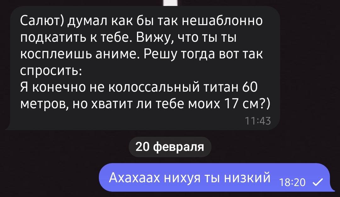 Салют) думал как бы так нешаблонно подкатить ктебе. Вижу, что ты ты косплеишь аниме. Решу тогда вот так спросить: Я конечно не колоссальный титан 60 метров, но хватит ли тебе моих 17 20 февраля Ахахаа