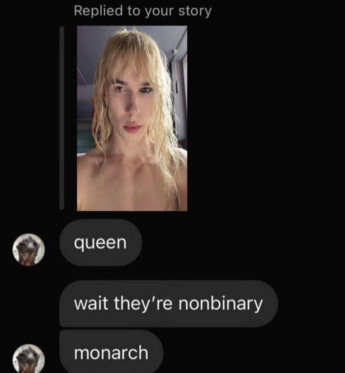 Replied to your story queen wait they're nonbinary monarch