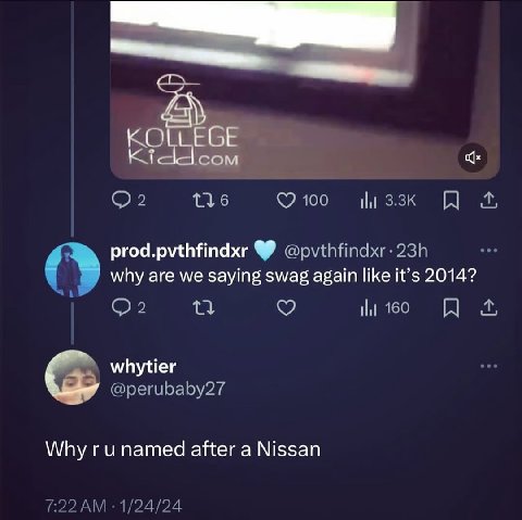 EGE сом or 115 100 ili Prod.pvthfindxr why are we saying swag again like it’s 2014? 160 whytier perubaby27 \МПуги патед after a Nissan