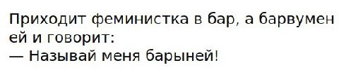 Приходит феминистка в бар, а барвумен и говорит: Называй меня барыней!