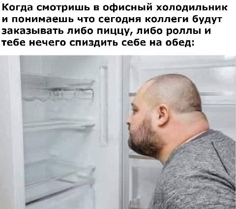 Когда смотришь в офисный холодильник и понимаешь что сегодня коллеги будут заказывать либо пиццу, либо роллы и тебе нечего спиздить себе на обед: