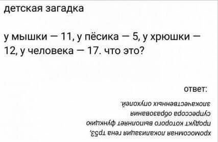 детская загадка 11, у пёсика 5, ухрюшки 12, у человека 17. что это? ответ: випезииехои