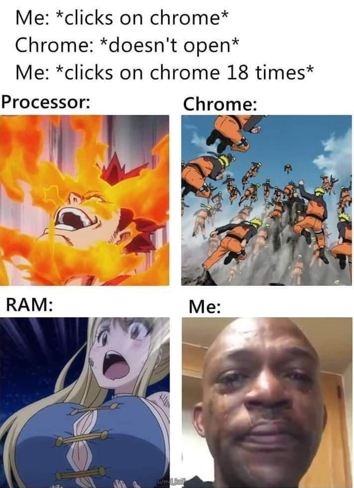 *clicks chrome* Chrome: *doesn't open* Me: *clicks on chrome 18 times* Processor: Chrome: у RAM: Me if Я if 4 A