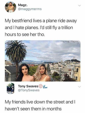 Magz. @maggymerms My bestfriend lives a plane ride away and hate planes. [а still fly a trillion hours to see her tho. Meme Я i} Tony Swaves @TonySwaves My friends live down the street and haven't see