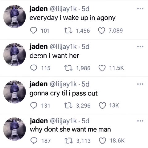 jaden @liljay1k everyday i wake up in agony 1} 1,456 101 7,089 jaden d2mn i want her 115 1,986 (7 jaden gonna cry til i pass out 131 3,296 jaden @liljay1k why dont she want me man 187 3,113