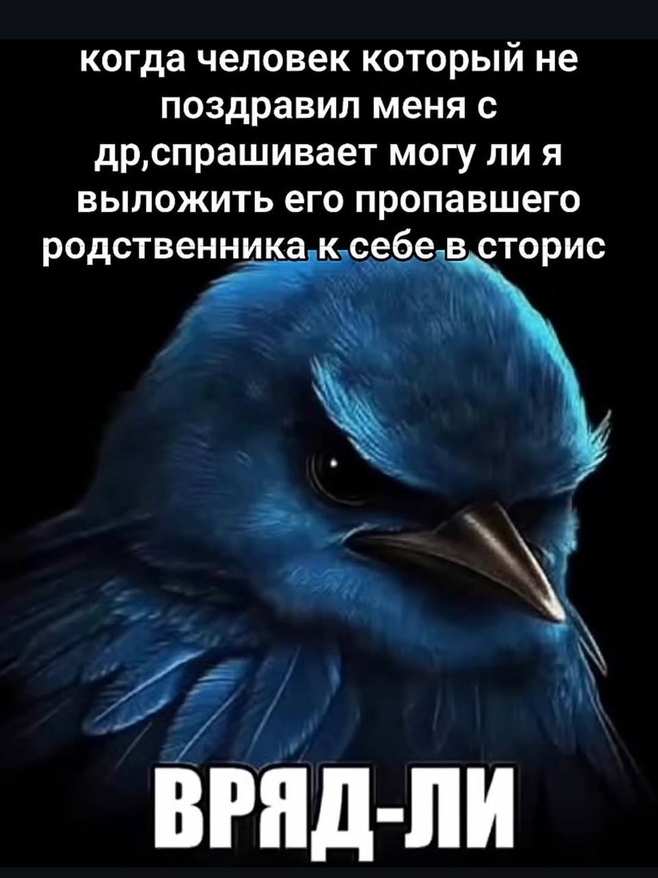когда человек который не поздравил меня с др‚спрашивает могу ли я выложить его пропавшего родственника к себе-в сторис ВРЯД-ЛИ