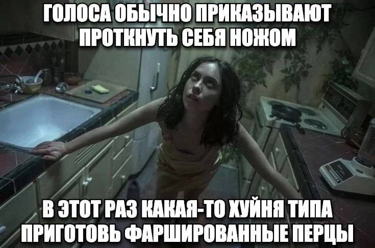 ГОЛОСА ОБЫЧНО ПРИКАЗЫВАЮТ ПРОТКНУТЬ СЕБЯ НОЖОМ В КАКАЯ-ТО ХУЙНЯ ТИПА ПРИГОТОВЬ ФАРШИРОВАННЫЕ ПЕРЦЫ