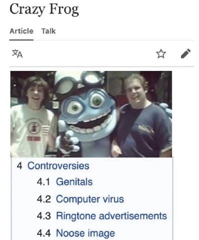 Crazy Frog Article Talk 4 Controversies 4.1 Genitals 4.2 Computer virus 4.3 Ringtone advertisements 4.4 Noose image
