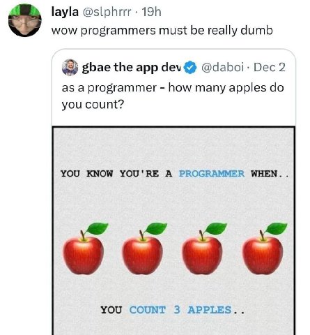 layla @slphrrr wow programmers must be really dumb 5Бае the app dev @daboi- Dec 2 as a programmer how many apples you count? YOU KNOW YOU'RE A PROGRAMMER YOU COUNT 3 APPLES..