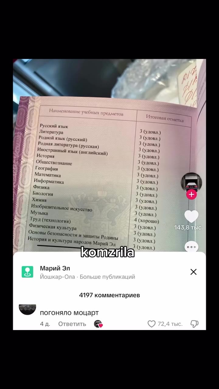 x Наименование учебных предмето Итоговая отметка е / ‘BY Иностранный язык (английский) 3 (удовл.) pas Литература ЕР Родная ‘литература (русская) 3 (удовл, ) | История и культура народов Марий Эл On| 3