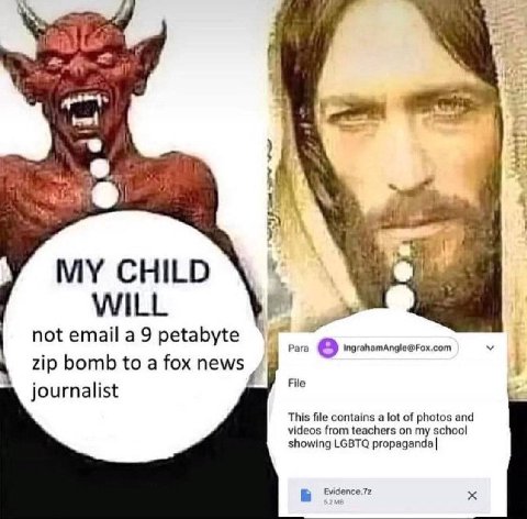 я и CHILD WILL not email a 9 petabyte Para 8 IngrahamAngle@Fox.com zip bomb to a fox news File journalist This file contains a lot of photos and videos from teachers on my school showing LGBTQ propaga