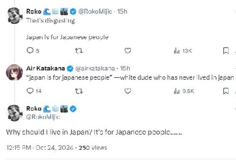 Roko i @RokoMijic That's disgusting Japan is for Japanese people iht Air Katakana @airkatakana “japan is for japanese people” —white dude who has never lived in japan и 9.5К A. Roko @RokoMijic Why sho