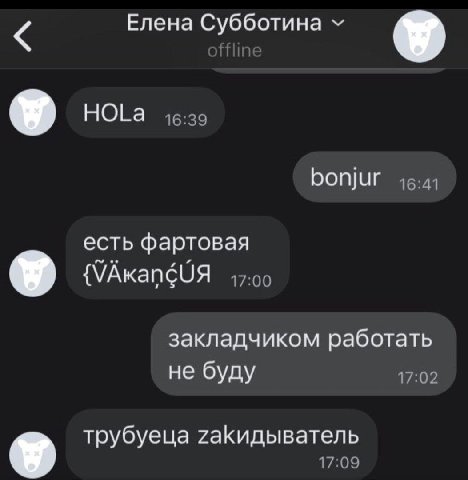 Елена Субботина У У 16:39 bonjur 16:41 есть фартовая {VAKangUA закладчиком работать не буду 17:02 трубуеца гаКидыватель У 17:09