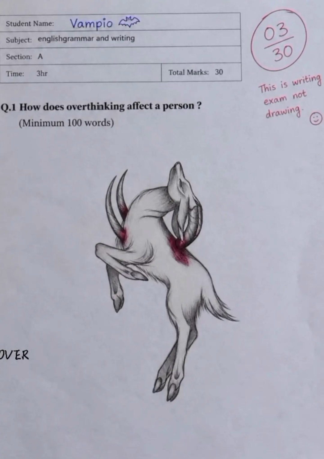 Student Мате: Vampio Subject: englishgrammar and Section: A “20 Time: Total Marks: is 15 no How does overthinking affect a person exam (Minimum 100 words) VER