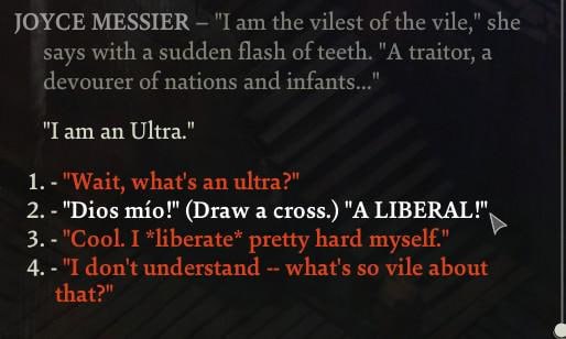 JOYCE MESSIER "I the vilest of the vile," she says with а sudden flash of teeth. "A traitor, a devourer of nations and infants..." "Гат an Ultra." 1. what's an ultra?" 2. -"Dios mio!" (Draw a cross.) 