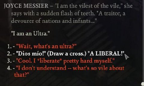 JOYCE MESSIER "I the vilest of the vile," she says with а sudden flash of teeth. "A traitor, a devourer of nations and infants..." "Гат an Ultra." 1. what's an ultra?" 2. -"Dios mio!" (Draw a cross.) 