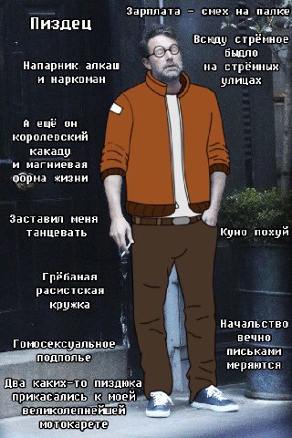 Зарплата сыех на Палке Пиздец Всюду стрённое быдло Напарник алкаш стрённых и нарконан улицах ещё он королевский какаду и магнмевая форма заставил меня танцевать Куно похуй Грёбаная расистская крижка Н