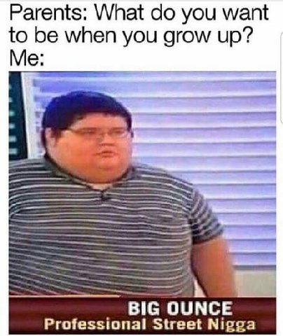 Parents: What you want to be when you grow up? Me: BIG OUNCE Professional Street Nigga