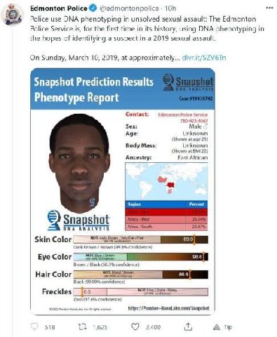 Edmonton Police @edmontonpolice Police use DNA phenotyping in unsolved sexual assault: The Edmonton Police Service is, for the first time in its history, using DNA phenotyping in the hopes of identify