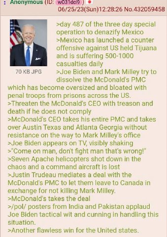 Anonymous 06/25/23(Sun)12:28:26 No.432059458 >day 487 of the three day special A, operation to denazify Mexico >Mexico has launched a counter offensive against held Tijuana and is suffering 500-1000 И