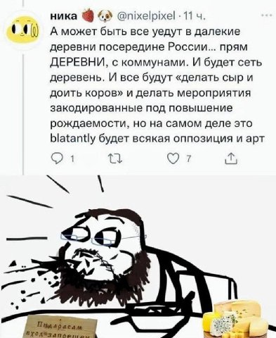 ника 3 @nixelpixel 11 4. 1.40) Аможет быть все уедут в далекие деревни посередине России... прям ДЕРЕВНИ, с коммунами. И будет сеть деревень. И все будут «делать сыр и доить коров» и делать мероприяти