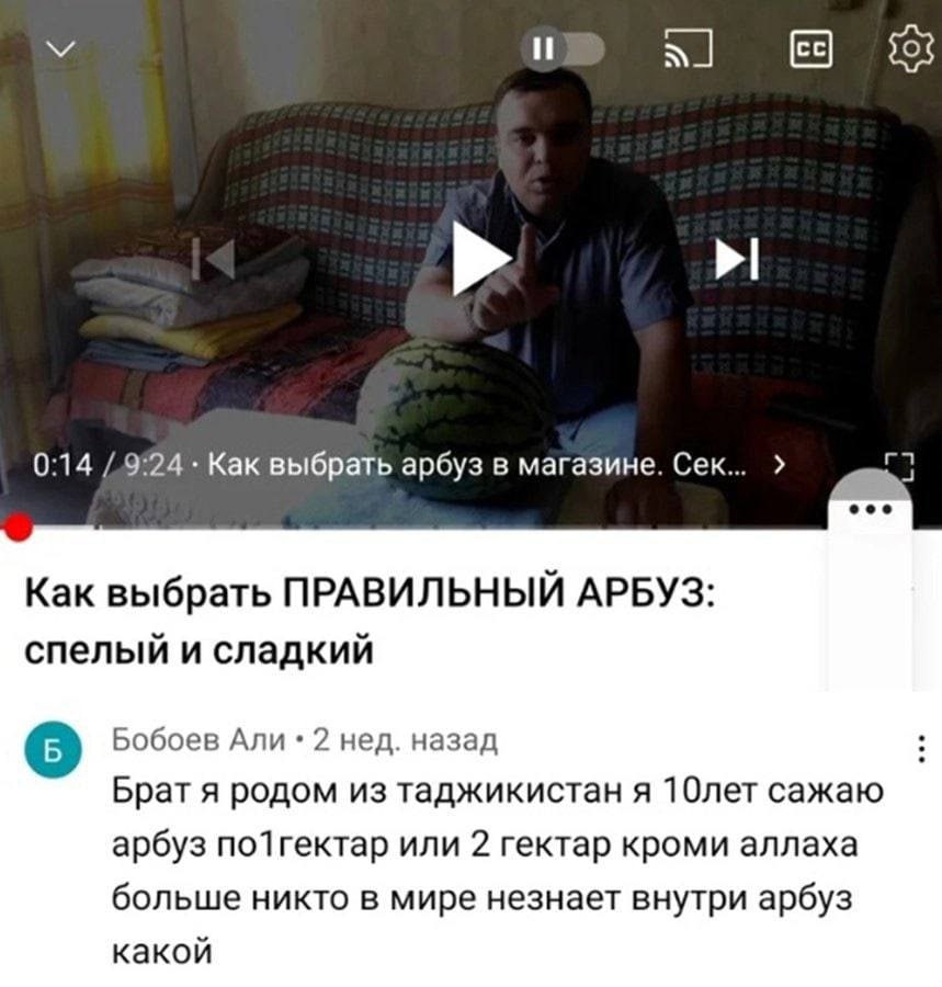 И 0:14 Как выбрать арбуз в магазине. Сек... eee Kak выбрать ПРАВИЛЬНЫЙ АРБУЗ: спелый и сладкий Бобоев Али 2 нед. назад Брат я родом из таджикистан я 10лет сажаю арбуз по1гектар или 2 гектар кроми алла