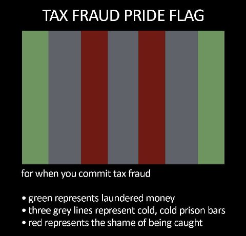 TAX FRAUD PRIDE FLAG for when you commit tax fraud green represents laundered money three grey lines represent cold, cold prison bars red represents the shame of being caught