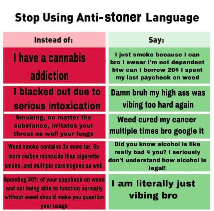 Stop Using Anti-stoner Language Instead of: Say: just smoke because can bro swear not dependent btw can borrow 20$ spent my last paycheck on weed Damn bruh my high ass was vibing too hard again Weed c