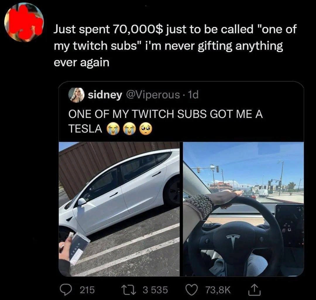 Just spent 70,000$ just to be called "one of my twitch subs" never gifting anything ever again А sidney ONE OF MY TWITCH SUBS GOT ME A TESLA