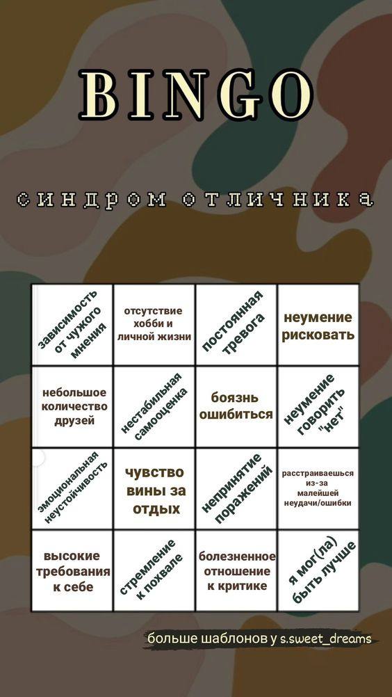 BINGO отсутствие неумение личной жизни рисковать небольшое боязнь количество ошибиться друзей К расстраиваешься чувство из-за BUHbI 3a малейшей неудачи/ошибки отдых высокие болезненно требования отнош